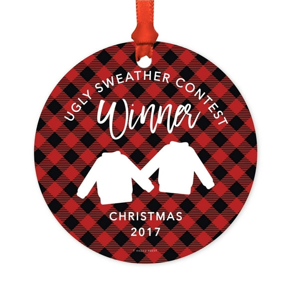 Family Metal Christmas Ornament, Ugly Sweather Contest Winner Christmas 2017, Red Plaid, Includes Ribbon and Gift Bag