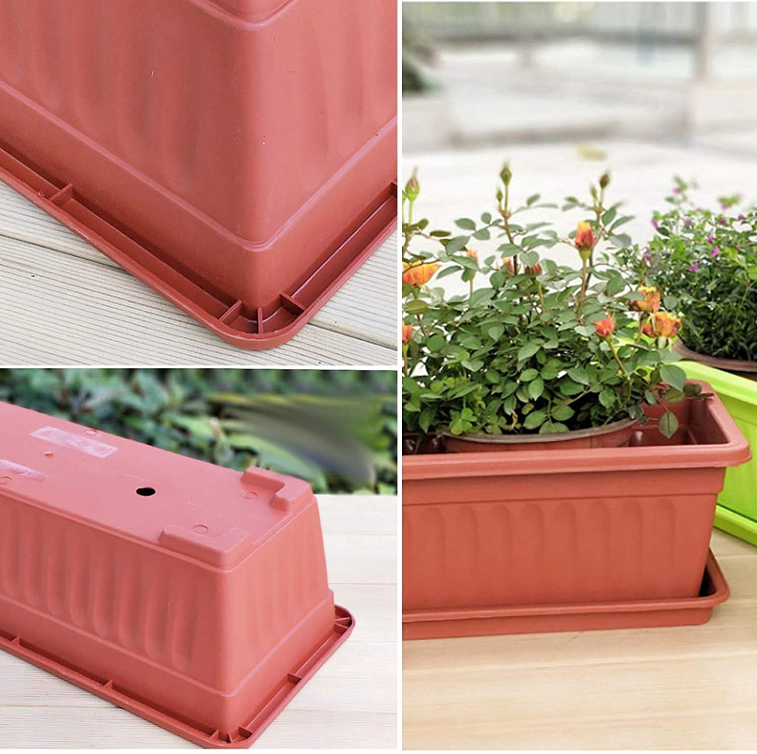 3 Pcs Window Box Flower Pots with Saucer, 15 Inches Plastic Rectangular Planters,for Windowsill,Patio, Garden, Home Decor, Porch (Brick Red)