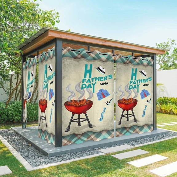 Father's Day Outdoor Curtains for Patio, Retro Barbecue Shirt Tie Beard Teal Plaid Waterproof Outside Curtains Privacy Blackout Curtain for Porch Pergola Cabana, 2 Panel 54W x 84L Inch
