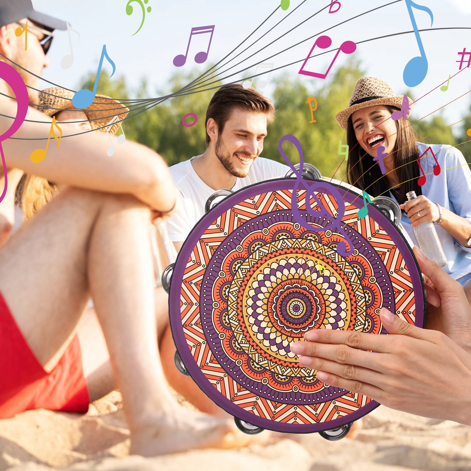 10 Inch Wooden Tambourine Handbell Hand Drum with Double Row 16pcs Metal Cymbals Jingles Musical Percussion Instrument for Kids Games Adults Apply to Church KTV Party