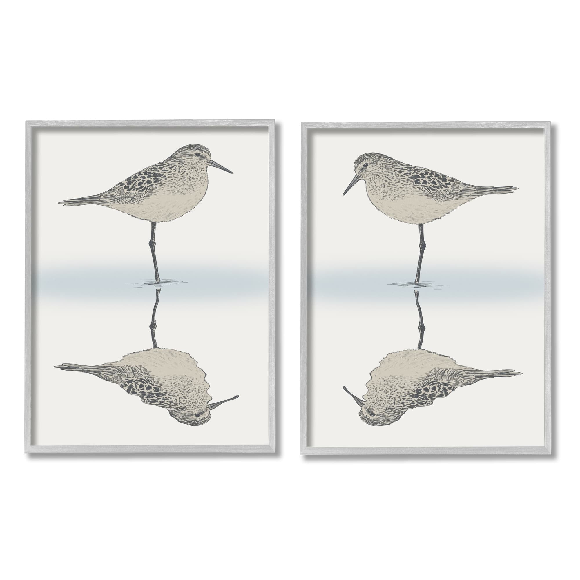 Stupell Industries Tranquil Sandpiper Reflection Nautical Bird Beach Shore Graphic Art Gray Framed Art Print Wall Art, Set of 2, Design by Ziwei Li
