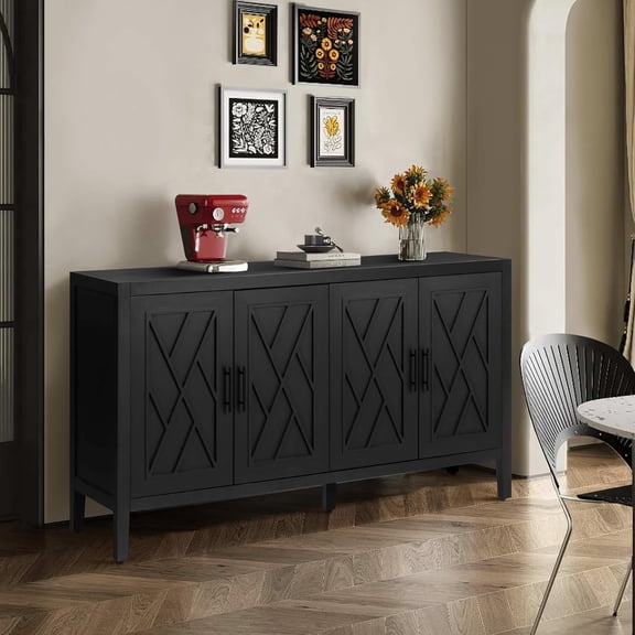 60 Inch Modern Farmhouse Black Fluted Cabinet & 4-Door Symmetrical Sideboard with Adjustable Shelves, TV Stand & Entryway Storage for Living Room, Dining Room