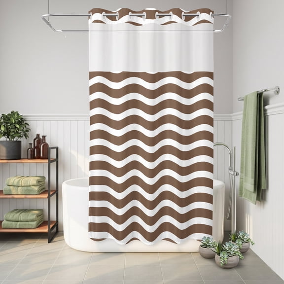 No Hook Shower Curtain Brown Striped Waterproof Fabric Shower Curtain Water Ripple Hotel Style Bathroom Curtain with See Through Top Window Machine Washable 36x72in