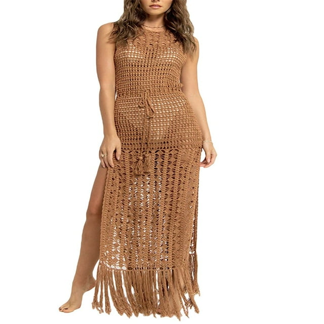 OUSITAID Bikini d'Été pour Femmes Cover-Up Solide en Tricot Crocheté Creux sur le Cou Sans Manches Côté Fente Pompon Robe de Réservoir