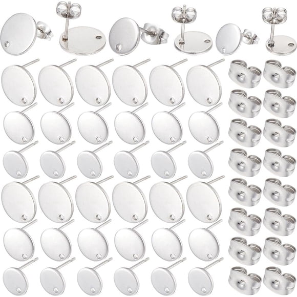 1 Box 36Pcs 3 Size Flat Round Earring Posts Silver Stud Earring Findings Hypoallergenic Stainless Steel Ear Studs with Butterfly Ear Back Blank Earring Posts for Jewelry Making Supplies DIY