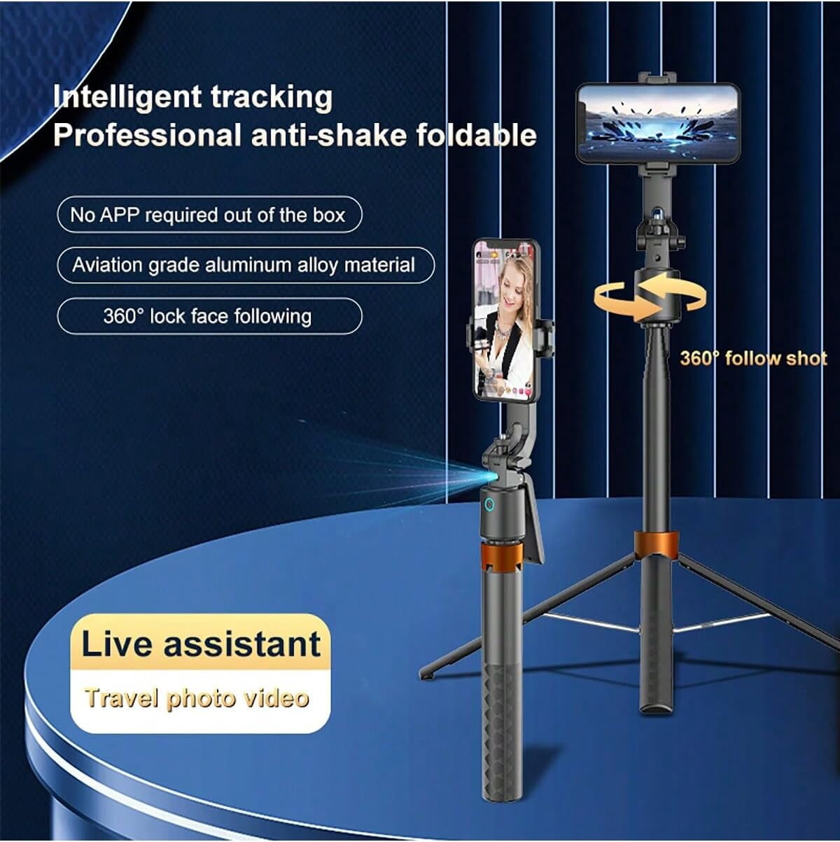 Extendable Selfie Stick Tripod, 360° Rotation Phone Camera Stand with Remote and Gesture Control, Auto Face Tracking Phone Holder, Shooting Stand for iPhone, Android, Camera, Video Recording