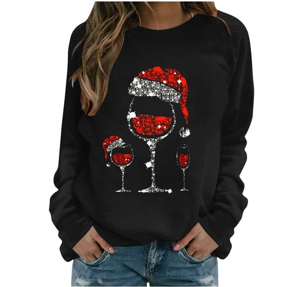 gakvbuo Christmas Sweater for Women Funny Christmas Sweatshirt Crewneck Xmas Print Long Sleeve Blouse Party Pullover Sweatshirt Tunic Tops Hoodless Shoulder Sweatshirt Gifts for Christmas