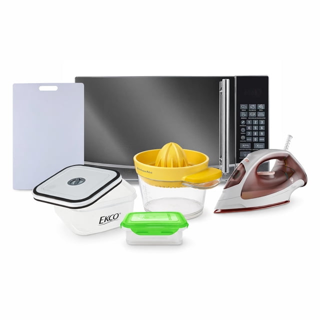 Combo de Microondas Mirage de 0.7 Pies³ MWD020E Silver + Plancha de Vapor Ligera, Fácil de Manejar GCSTBS-3801 + Accesorios de cocina