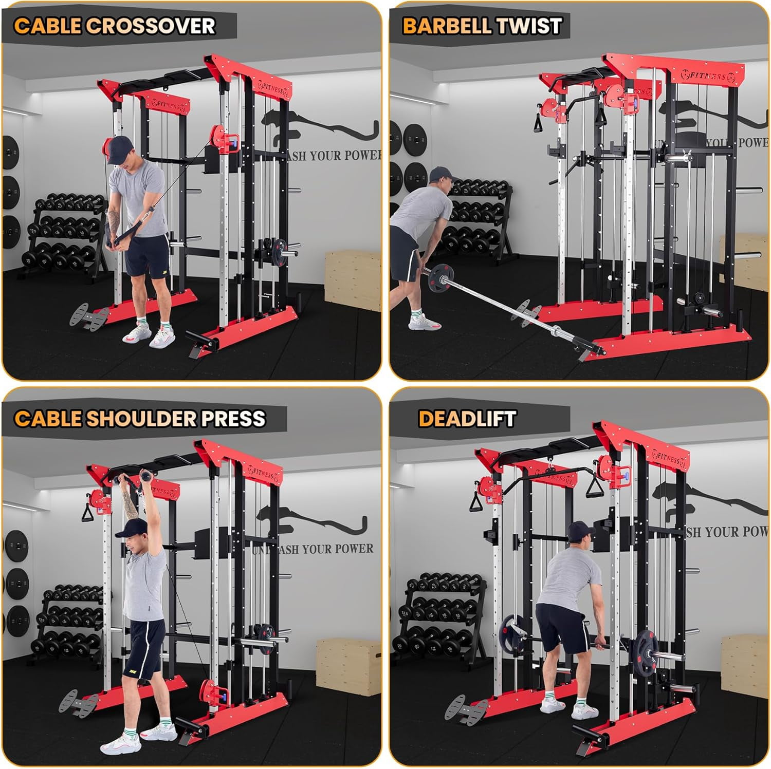IdealHouse 3600 LBS Power Cage Smith Machine, Multi-Functional All-in-One Power Rack with Cable Crossover, Squat Rack for Home Gym