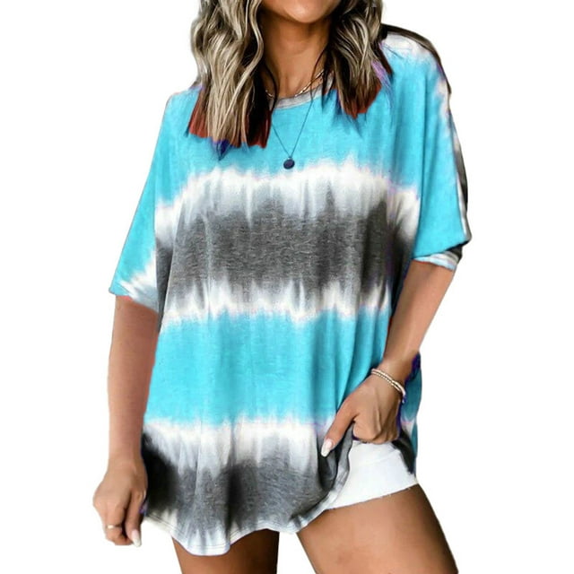Daeful T-shirt Tie Dye Tops d'Été Col Rond T-shirt Femme Ample Mode Manches Courtes Tunique Blouse Bleu Ciel 5TG