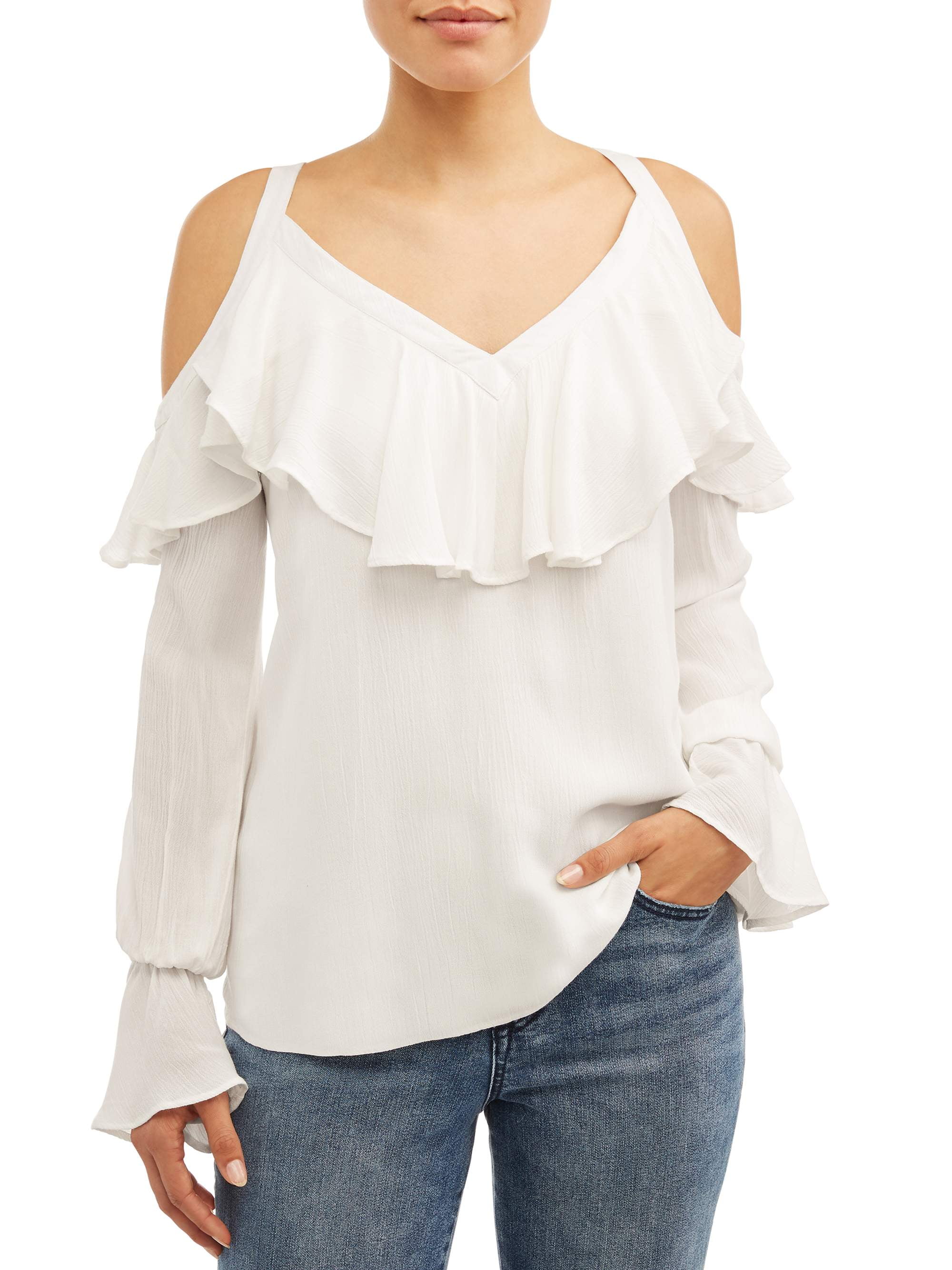 Sofia Jeans Cold-Shoulder Ruffle Neck Woven Top Women's - Walmart.com