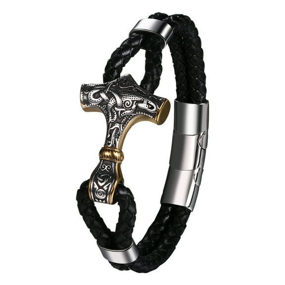 Avaner Mens Vintage Thor's Hammer Bracelets: Gothic Punk Leather Braided Wrap Cuff Wristband with Buckle Norse Amulet Jewelry Gifts for Father Husband Lover and Friend