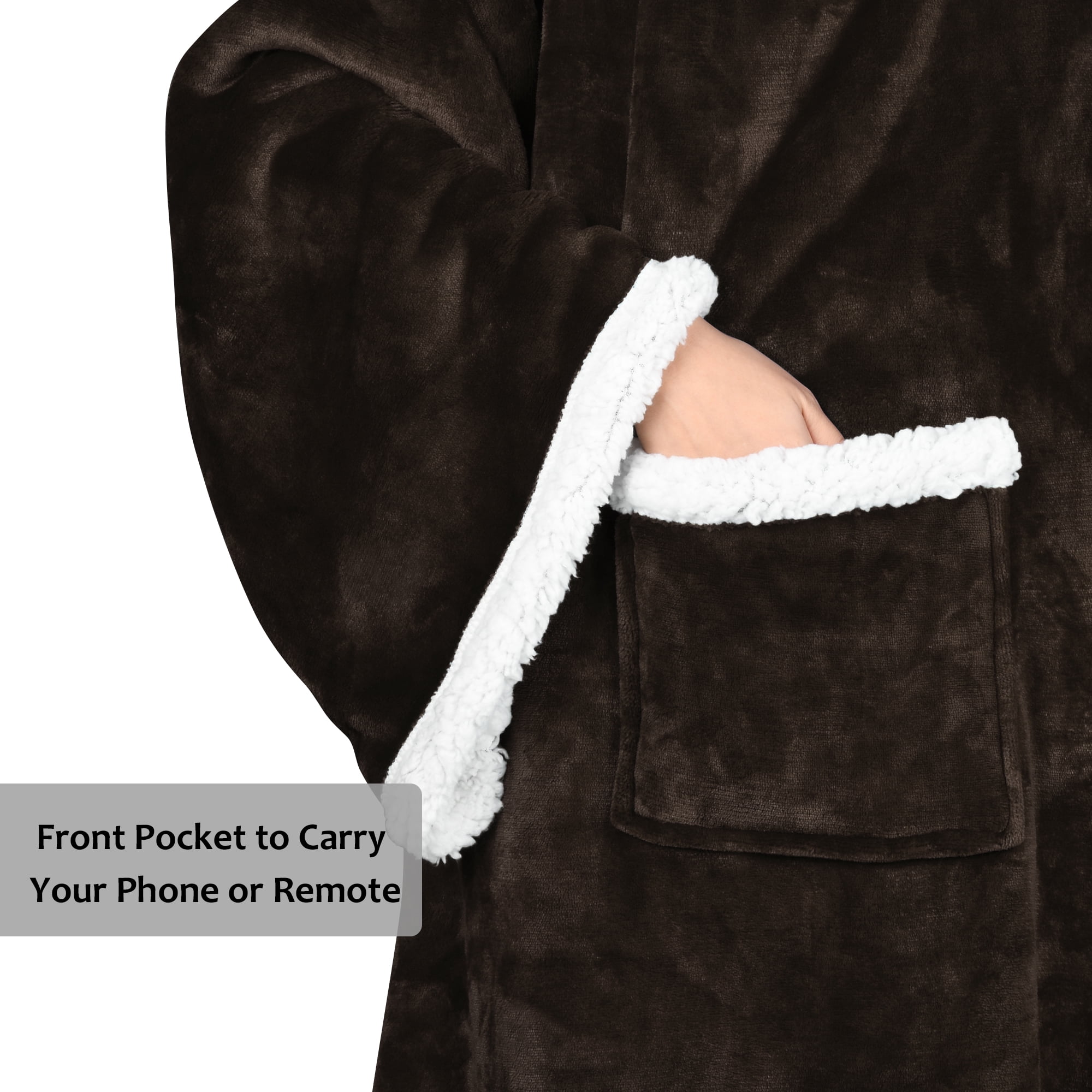 Catalonia Sherpa Wearable Blanket with Sleeves & Foot Pockets for Adult Women Men, Comfy Snuggle Wrap Sleeved Throw Blanket Robe, Gift Idea, Brown, 75" x 53"