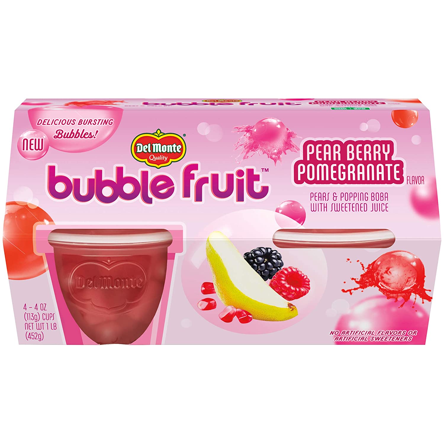 (4 Cups) Del Monte Pear Berry Pomegranate Bubble Fruit Cups, 4 oz