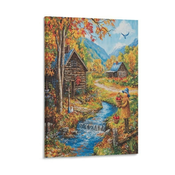 Wall Art for Bathroom Autumn Cabin Fall Forest Lake Tree Leaves Scarecrow Wall Art Pictures Fall Decor Grateful Thanksgiving Canvas Print for Bedroom Kids Room 8x12inch Framed Artwork