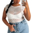 thumbnail image 5 of Douhoow Women Backless Crop Top Floral Lace Cover up Sheer See Through Short Sleeve T-Shirts, 5 of 8