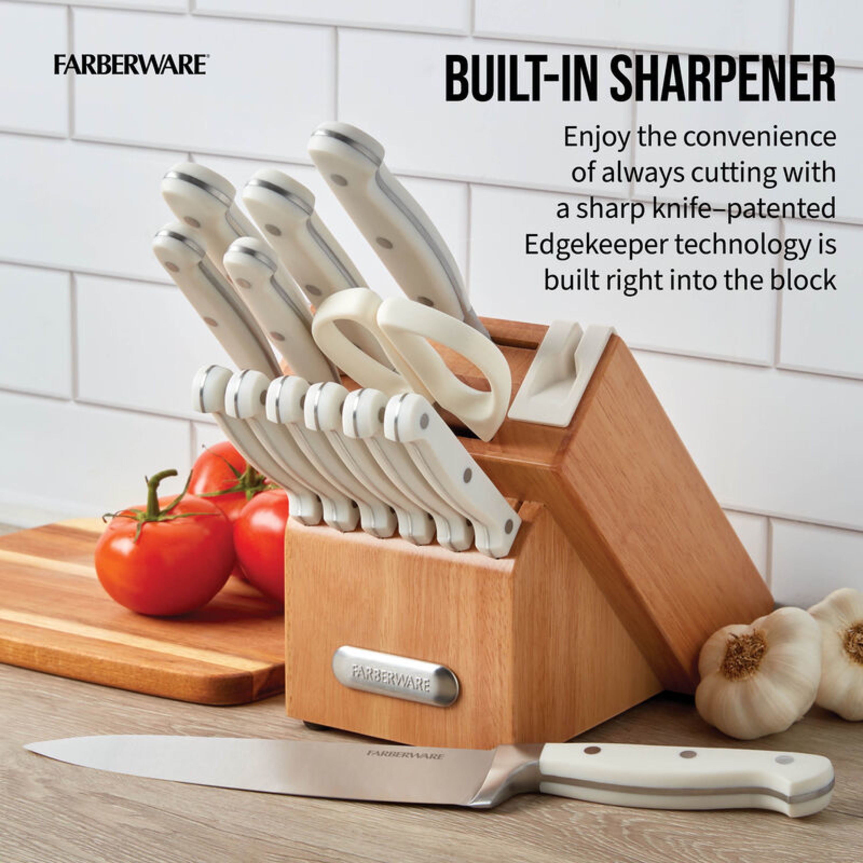Farberware EdgeKeeper 14-Piece Forged Triple Rivet Kitchen Knife Set with Block, White