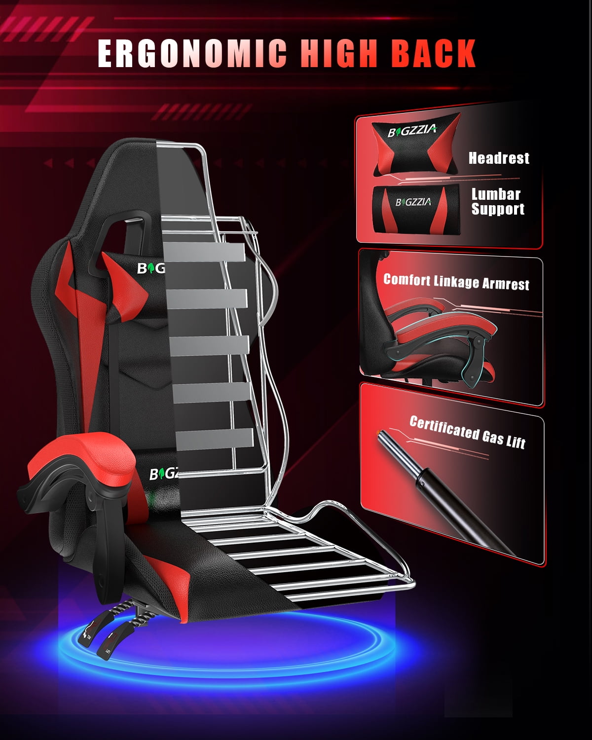 Bigzzia Gaming Chair with LED Lights, Computer Chair with Lumbar Support, Ergonomic High Back Video Game Chair with Swivel Seat and Headrest, Red