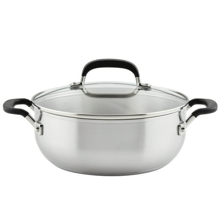 KitchenAid Stainless Steel 4 Quart Induction Casserole with Lid Metal Utensil and Dishwasher Safe, Brushed Stainless Steel