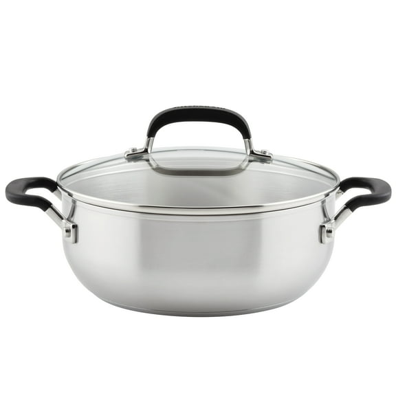 KitchenAid Stainless Steel 4 Quart Induction Casserole with Lid Metal Utensil and Dishwasher Safe, Brushed Stainless Steel