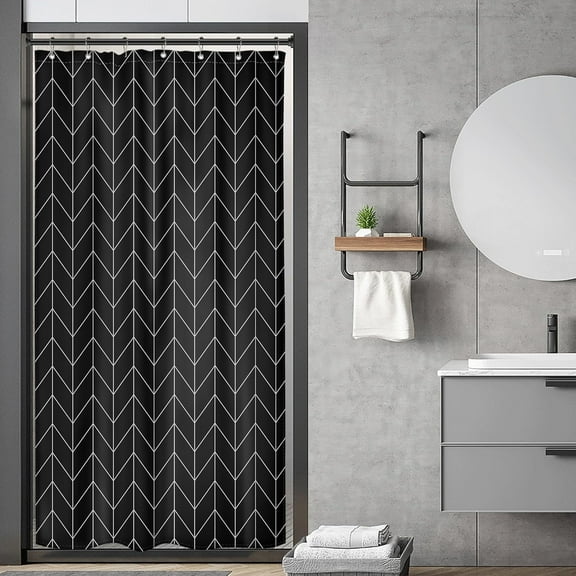 Small Stall Black White Shower Curtain Modern Half Size Chevron Herringbone 36x72 Inch Striped Single Tiny Skinny Narrow 7 Pack Hooks Dorm Decor Fabric Bathroom Set Polyester Waterproof