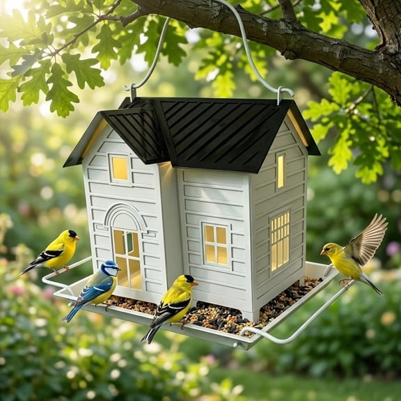 Solar House Bird Feeder with Night Light and Seed Tray, Hanging Outdoor Feeder for Garden
