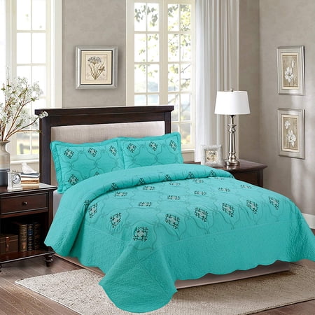 MarCielo 3-Piece Fully Quilted Embroidery Quilts Bedspreads Bed Coverlets Cover Set Cal King Size White Black Emma(Oversize Turquoise)