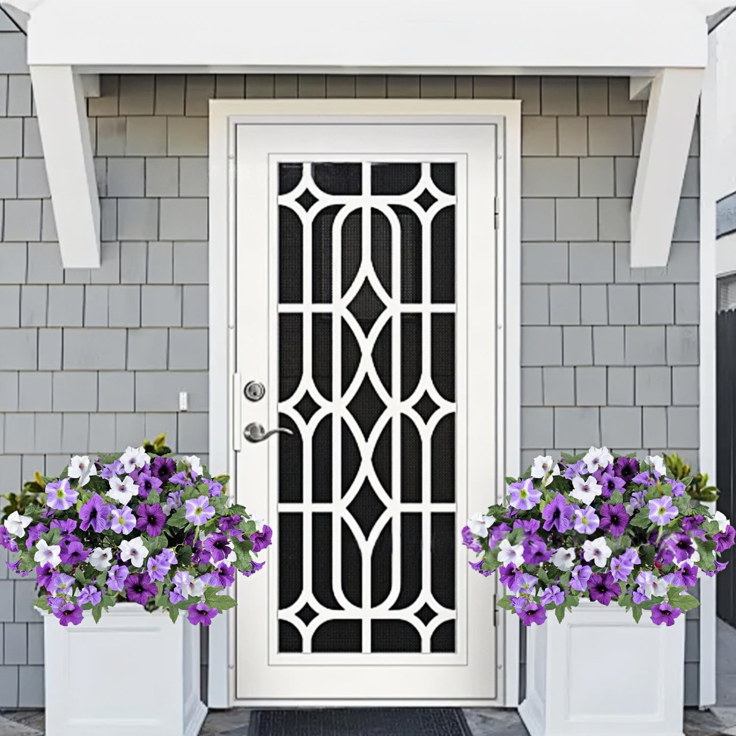 Artificial Flowers for Outdoors, 2Pcs Faux Petunias Plants for Hanging Baskets, Porch, Garden & Home Decor, Purple & White
