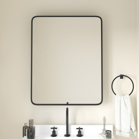 Emma   Oliver Black Metal Framed Bathroom Medicine Cabinet with Reversible, Recessed Design and Beveled Rounded Mirror - 24" x 30"
