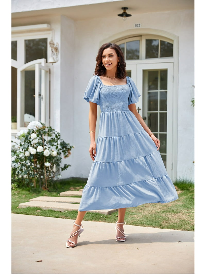 Anbech Casual Women's Puff Short Sleeve Midi Dress, Summer