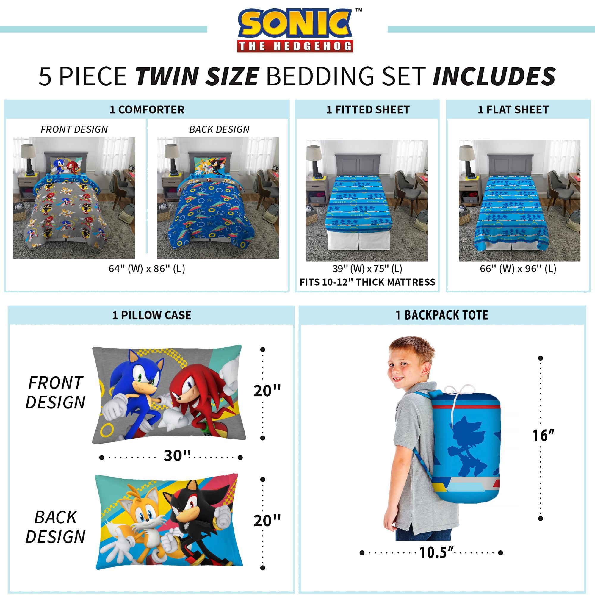 Sonic the Hedgehog Kids 5 Piece Reversible Comforter, Bed in a Bag, Twin