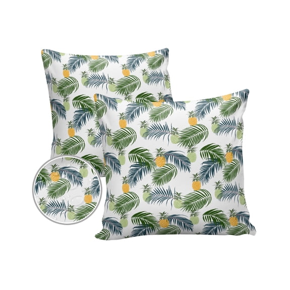 Pack of 2 Outdoor Pillow Covers, Pineapple Palm Leaves Tropical Fruit White Waterproof Square Throw Pillowcase Cushion Decorative Pillow Covers for Couch Patio Tent, 16x16 in