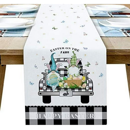 

Easter Table Runner Gnome Rabbit Holding Easter Eggs on Black White Buffalo Check Plaid Truck Dresser Scarves Dinner Table Runner for Holiday Indoor & Outdoor Parties Events - 13 x 9