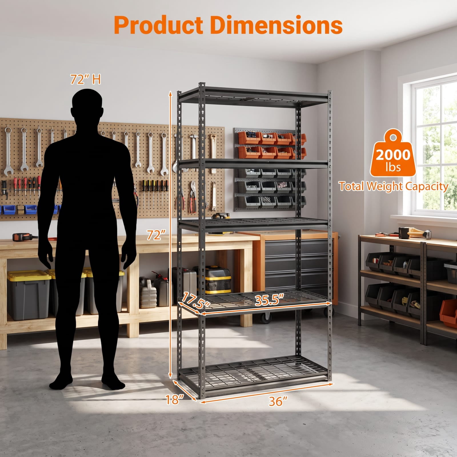 Biotree 5-Tier Metal Shelving Unit 2000 lbs Capacity with Adjustable Wire Shelves 36" × 18" × 72" for Garage Warehouse, Black