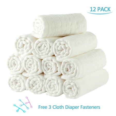 Cotton Cloth Baby Diapers 12 PCS , Reusable 6 Ply High Absorbency Diapers,12