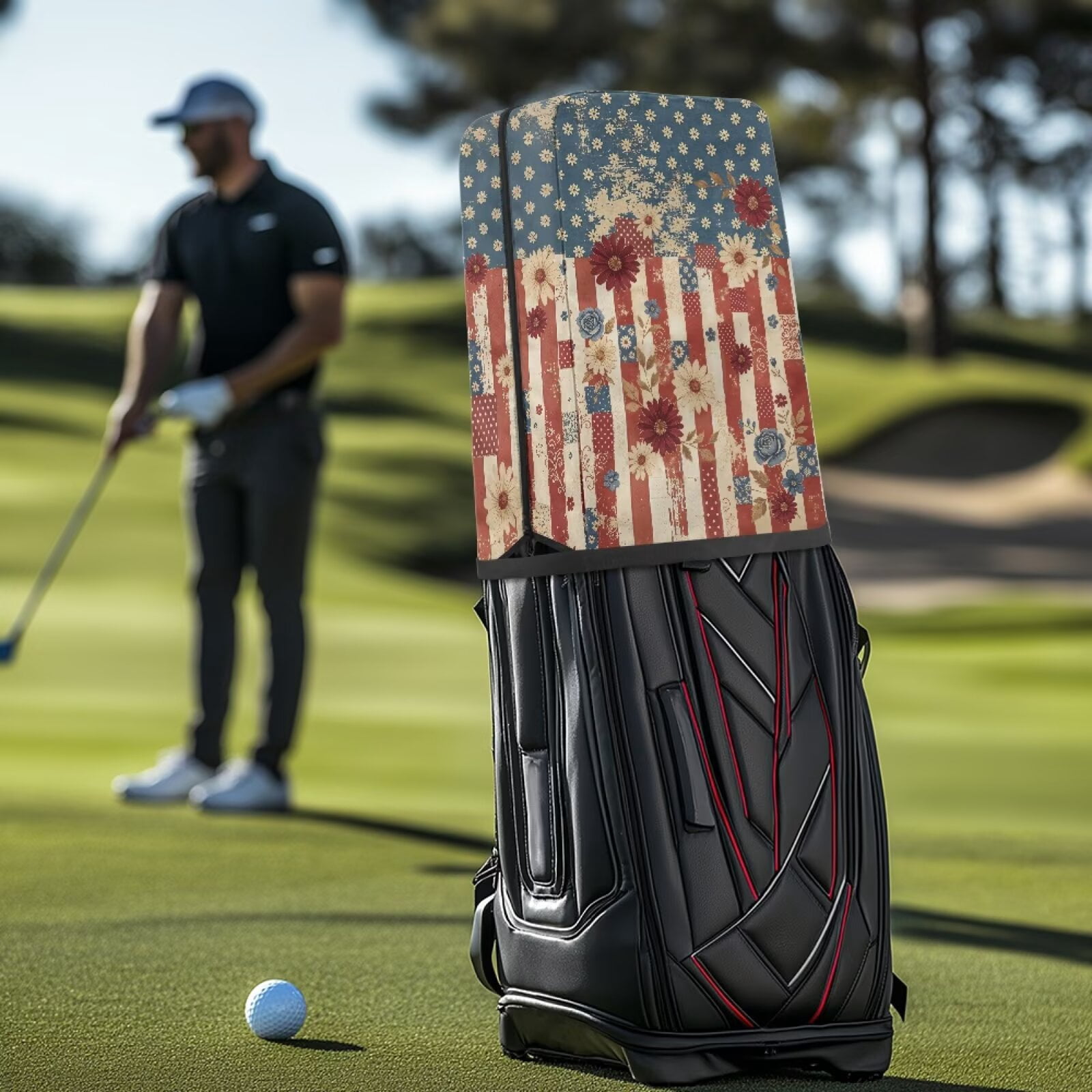 Chririnla American Flag Golf Bag Cover Rain Hood Universal Fit Dustproof Daisy Golf Club Bags Rain Cover Waterproof Foldable Easy Storage 1260D Polyester Fits Golf Staff & Cart Bags