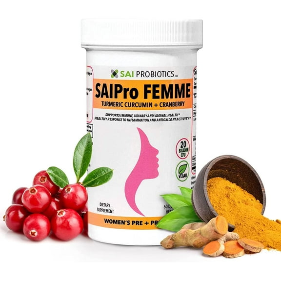 SAIPro Femme Probiotics: 20B CFU, Turmeric, Cranberry - Digestive, Immune & Feminine Support 60 Ct.