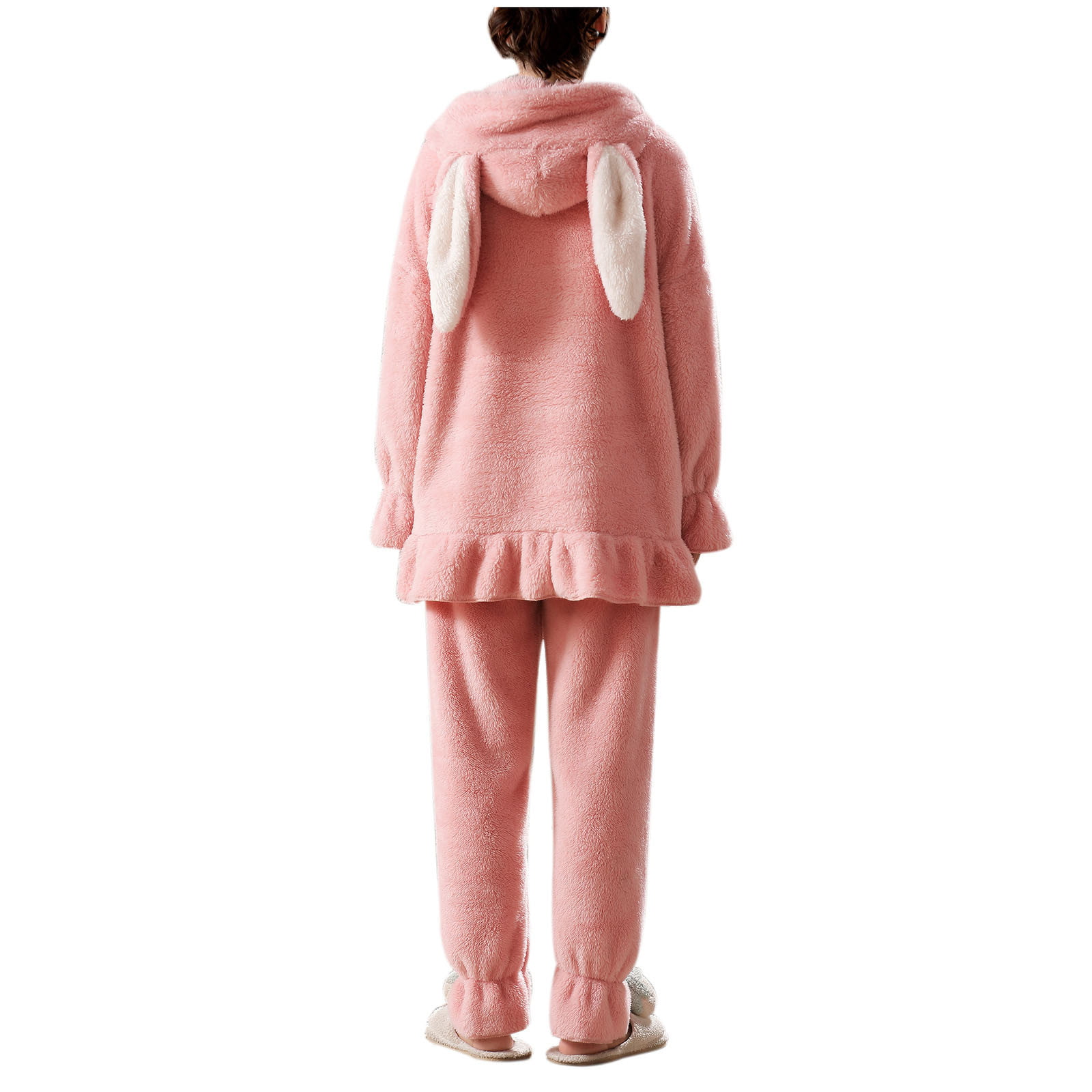 Women's Cute Bunny Ears Pajama Set Fluffy Fleece Teen Girls Sleepwear Warm  Winter Rabbit Hooded 2pcs Lounge Pjs Set 