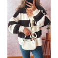 thumbnail image 4 of Chaqueta de Punto Holgada Informal con Cuello en V y Larga para Mujer, Cárdigan de Punto con Cordones y Rayas en Contraste. Marrón L, 4 of 10