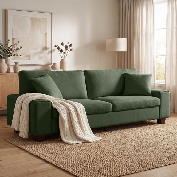 Poshby 88.58''W 3 Seater Sofa Couch with Chenille, Modern Square Arm for Living Room, Light Green