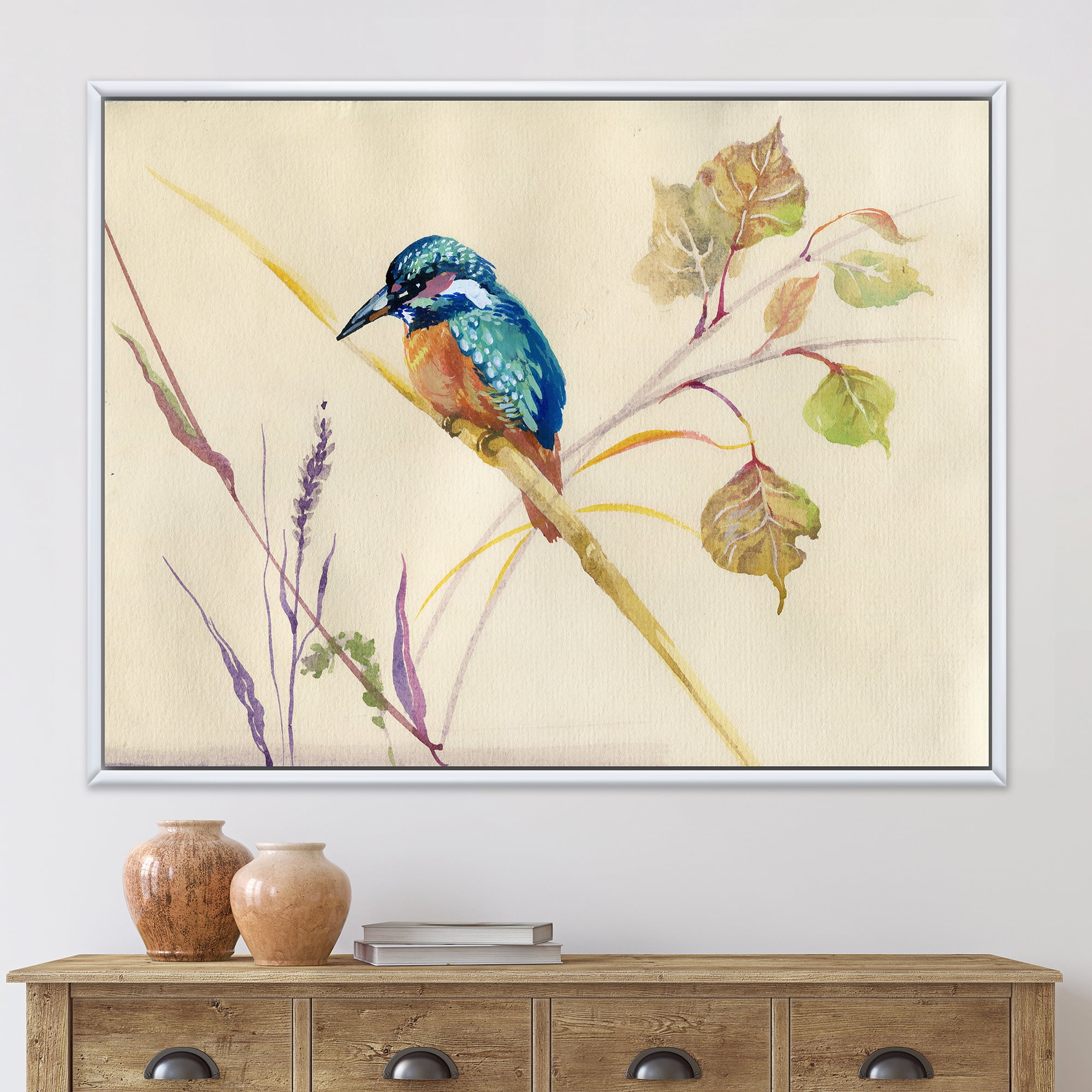 Designart 'Common Kingfisher Bird On Branch' Traditional Framed Canvas Wall Art Print