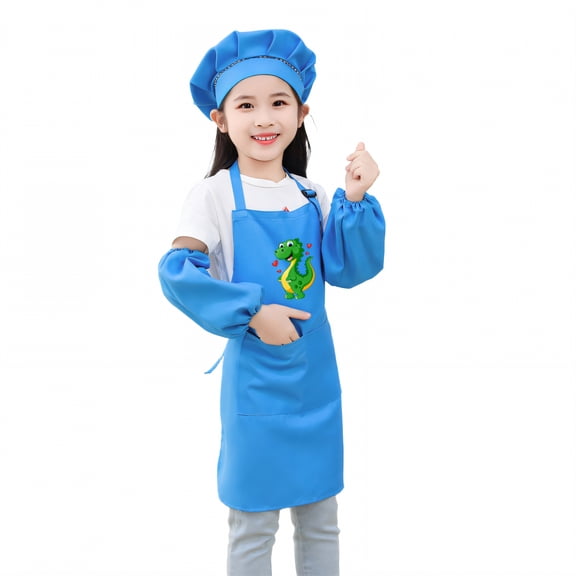 AUQ Kids Chef Hat and Apron,Polyester Fabric Waterproof Apron,Fitted Body Shape Apron with Pockets,Blue3