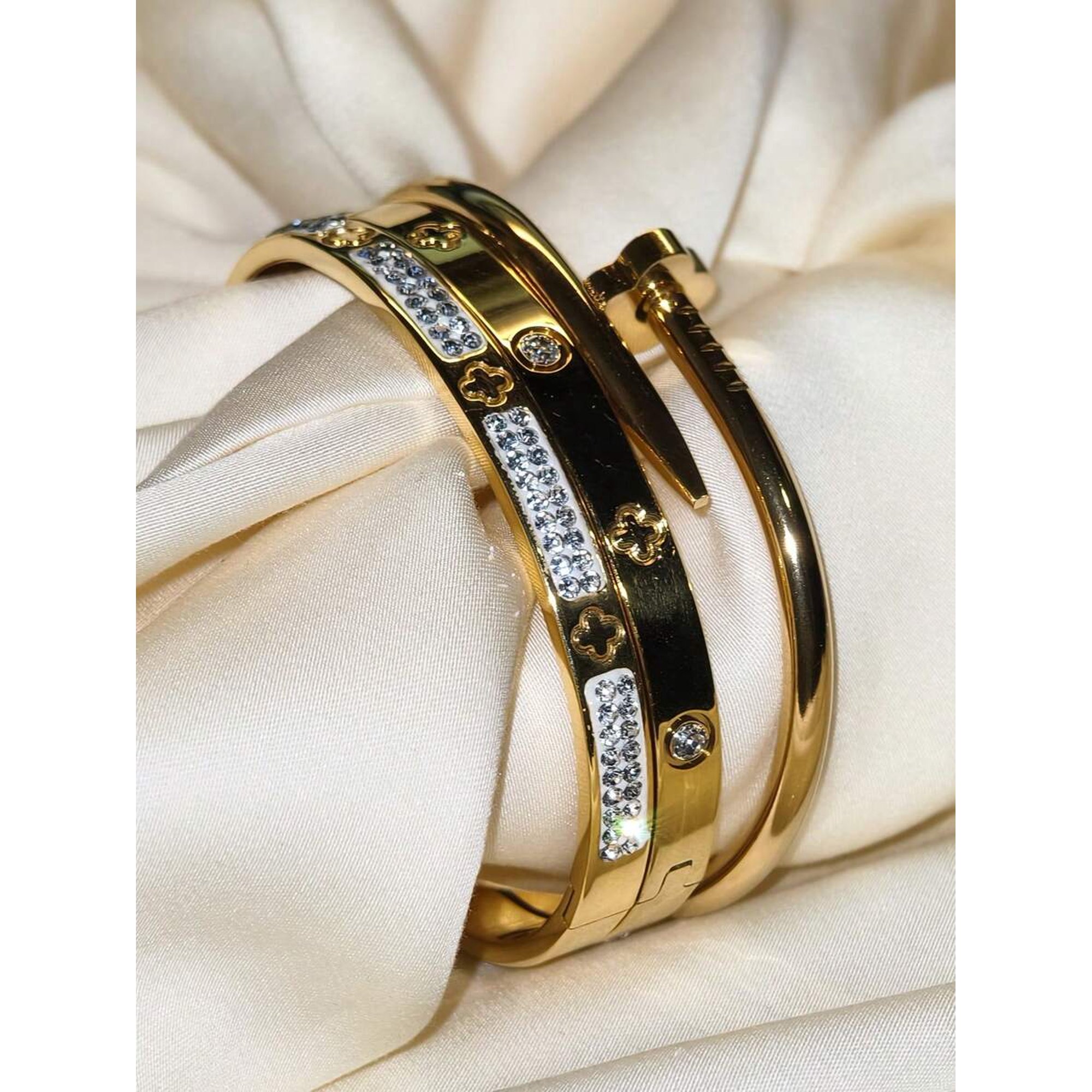 Gold-5 Stainless Steel Rhinestone Clover & Nailhead Bangle Set Of 4