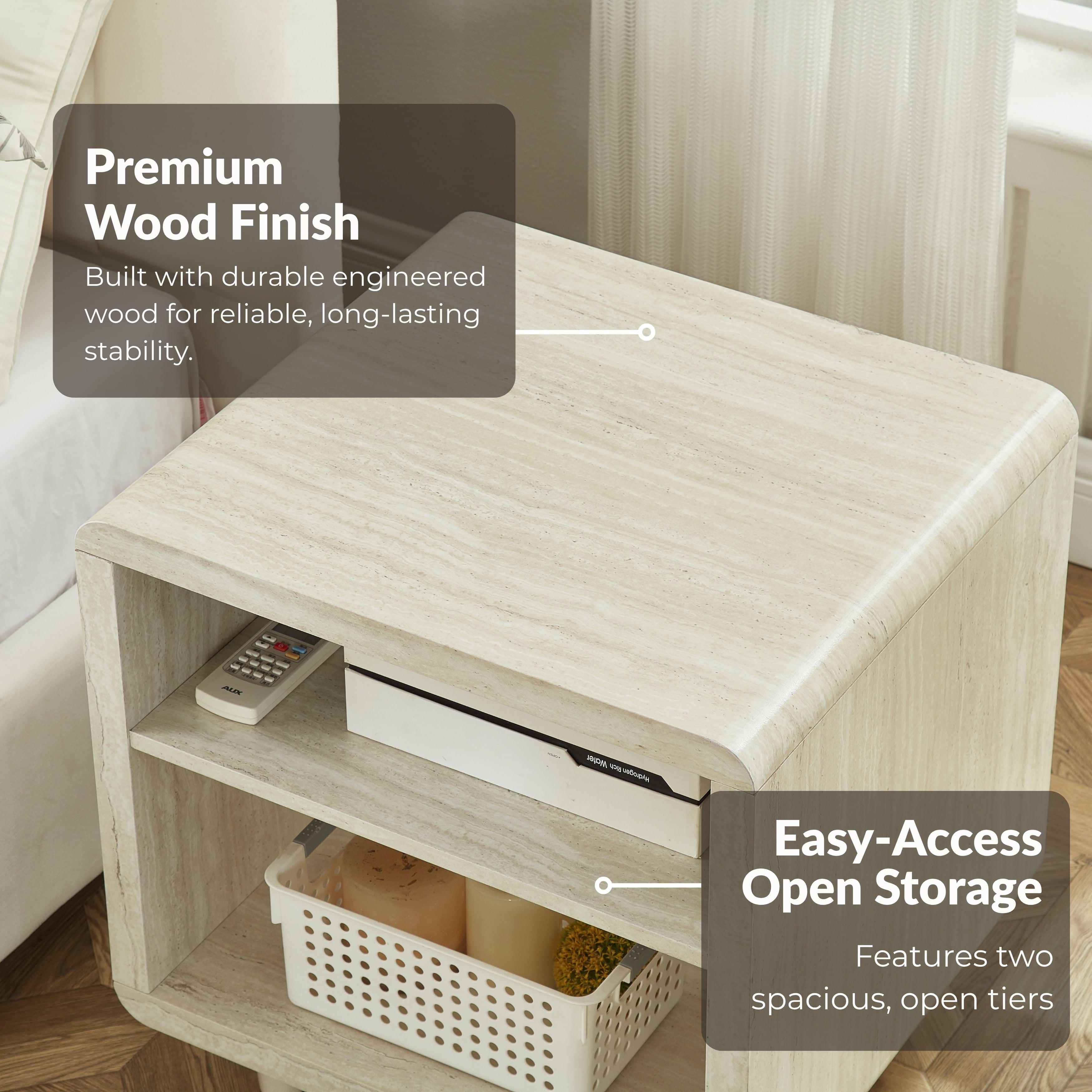Roundhill Furniture Lux Modern Wood Shelf Side Table, Bedside Nightstand, Beige