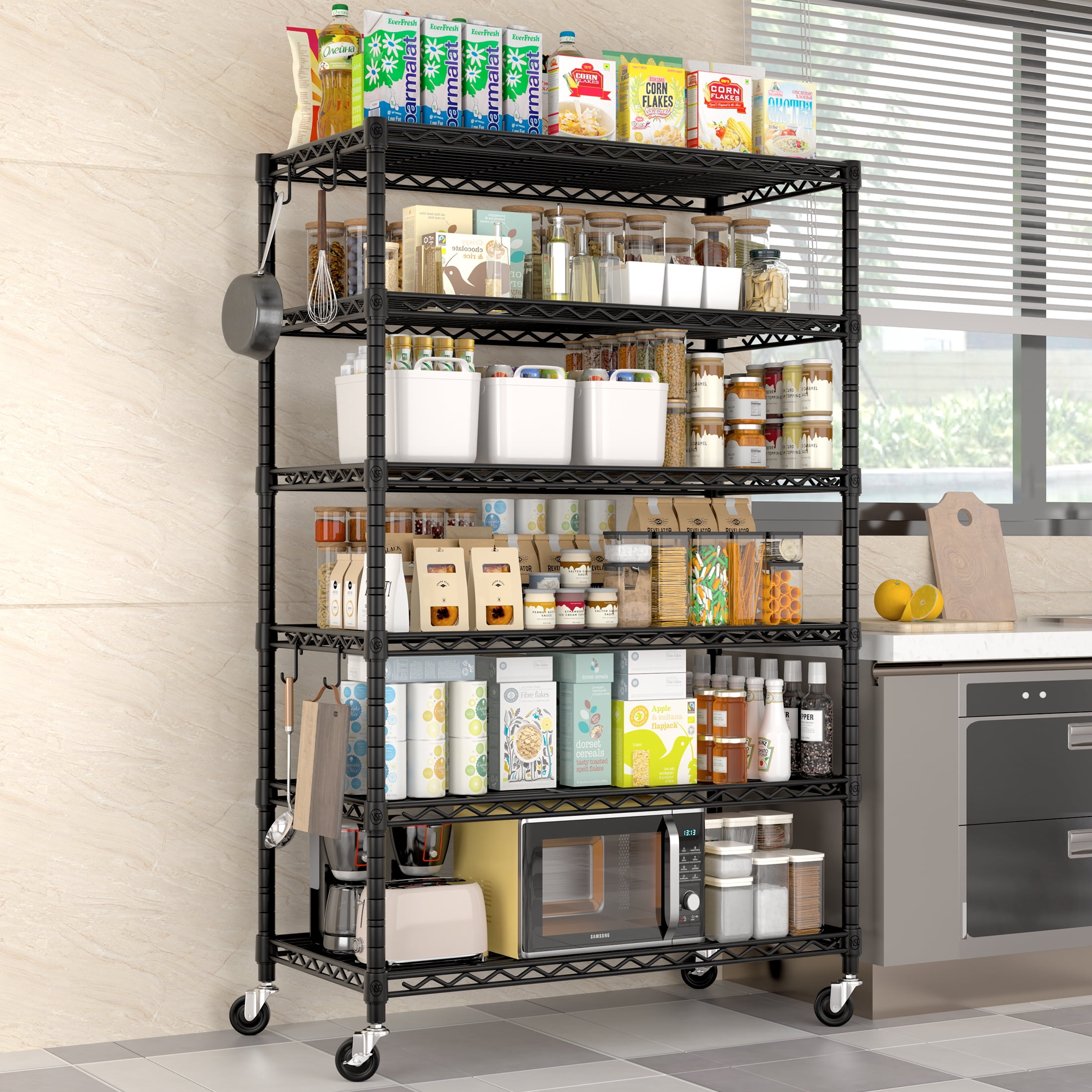 Prilinex 6-Tier Wire Shelf 36"W x 16"D x 76"H Metal Storage Shelves with Wheels, Wire Rack, Heavy-Duty Garage Shelving Unit for Pantry, Kitchen, Black