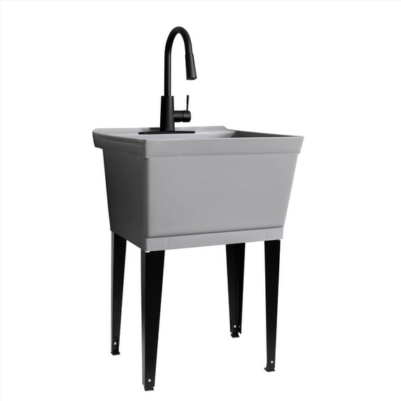 Tehila Standard Freestanding Grey Laundry/Utility Sink, Black Finish High-Arc Pull-Down Faucet