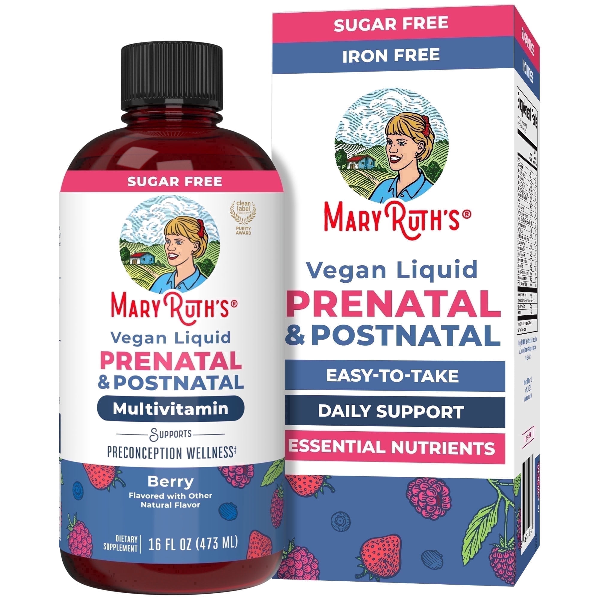MaryRuth's Vegan Liquid Prenatal Postnatal Multivitamin, Berry Flavor, Gluten-Free, Sugar-Free, 1-Count 16 fl. oz.