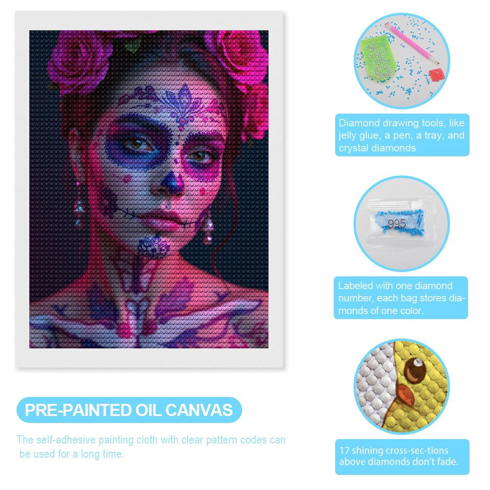 Diamond Art Kits for Adults, Day Of The Dead Face Paint Roses 5D Diamond Painting Kits for Adults Beginners, DIY Full Drill Diamond Painting, Gem Art and Crafts 12x16