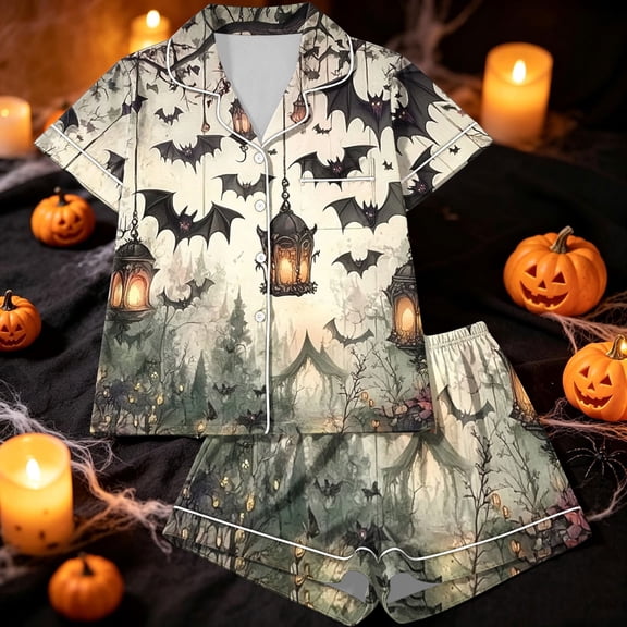 SAKMAL Womens Halloween Pajamas Sets Soft 2PC Bat Print Womens Short Sleeve Top with Matching Shorts Spooky Season Sleepwear Set,L
