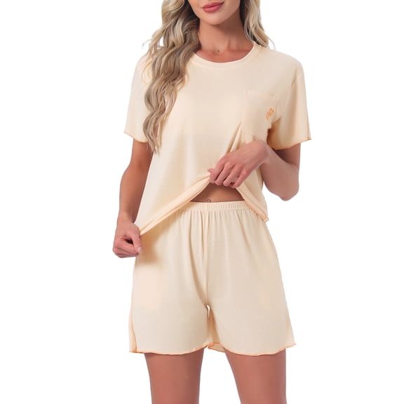INSPIRE CHIC Womens Pajama Set Short Sleeve Top with Built-in Bra and Shorts Comfy Sleepwear Lounge Sets with Pockets M Beige